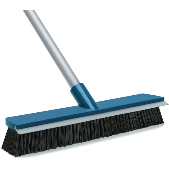 16-Inch Push Broom Outdoor with Rubber Squeegee and 58" Long Handle, 2 in 1 Commercial Broom Brush with Stiff Bristles for Deck Patio Garage Warehouse Driveway Concrete Floor Cleaning Scrubbing