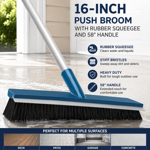 16-Inch Push Broom with Rubber Squeegee and 58" Handle, Heavy Duty Commercial Outdoor Broom for Deck, Patio, Garage, Concrete Floor Cleaning