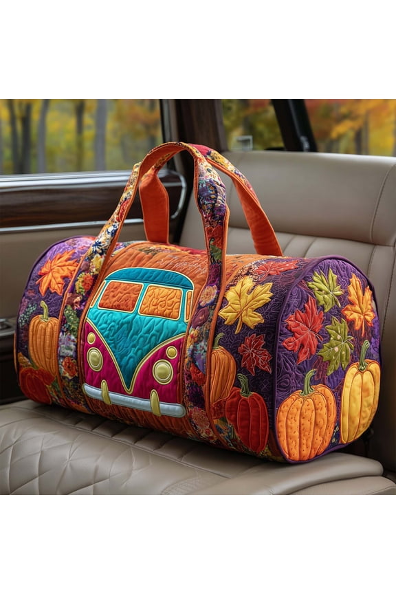 16-Inch Quilted Canvas Travel Bag, Unique Hippie Bus Weekend Duffle for Women, Boho Aesthetic Overnight Bag, Durable Psychedelic Floral Gym Tote, Perfect Gift for Travelers(O)