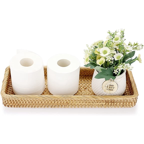 16 Inch Rattan Bathroom Vanity Tray - Decorative Wicker Toilet Tank Tray for Paper Hand Towel, Vintage Storage Basket Bin for Bathroom Kitchen Toilet Tank Vanity Countertop Table Shelf
