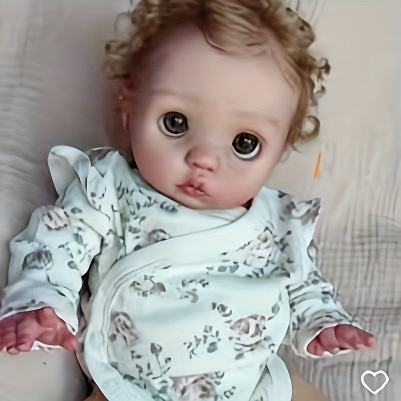 16 Inch Realistic Reborn Baby Doll, Cute Big Eyes Curly Hair Toddler Doll, Lifelike Soft Vinyl Baby Doll Gift For Girls