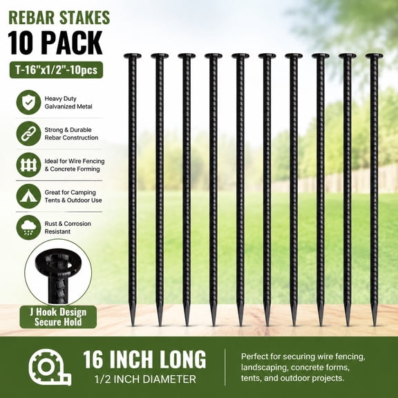 16 Inch Rebar Stakes 10 Pack Heavy Duty Ground Anchors 1/2 Inch Galvanized Steel Metal Spikes for Tent Camping Speed Bumps Parking Curbs