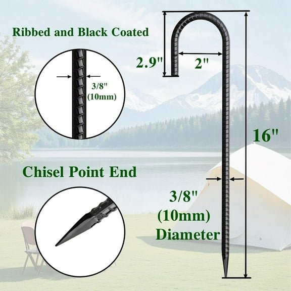 16 Inch Rebar Stakes J Hook 26 Pack - Heavy Duty Tent Stakes with Chisel Point End for Camping, Outdoor Structures, and More