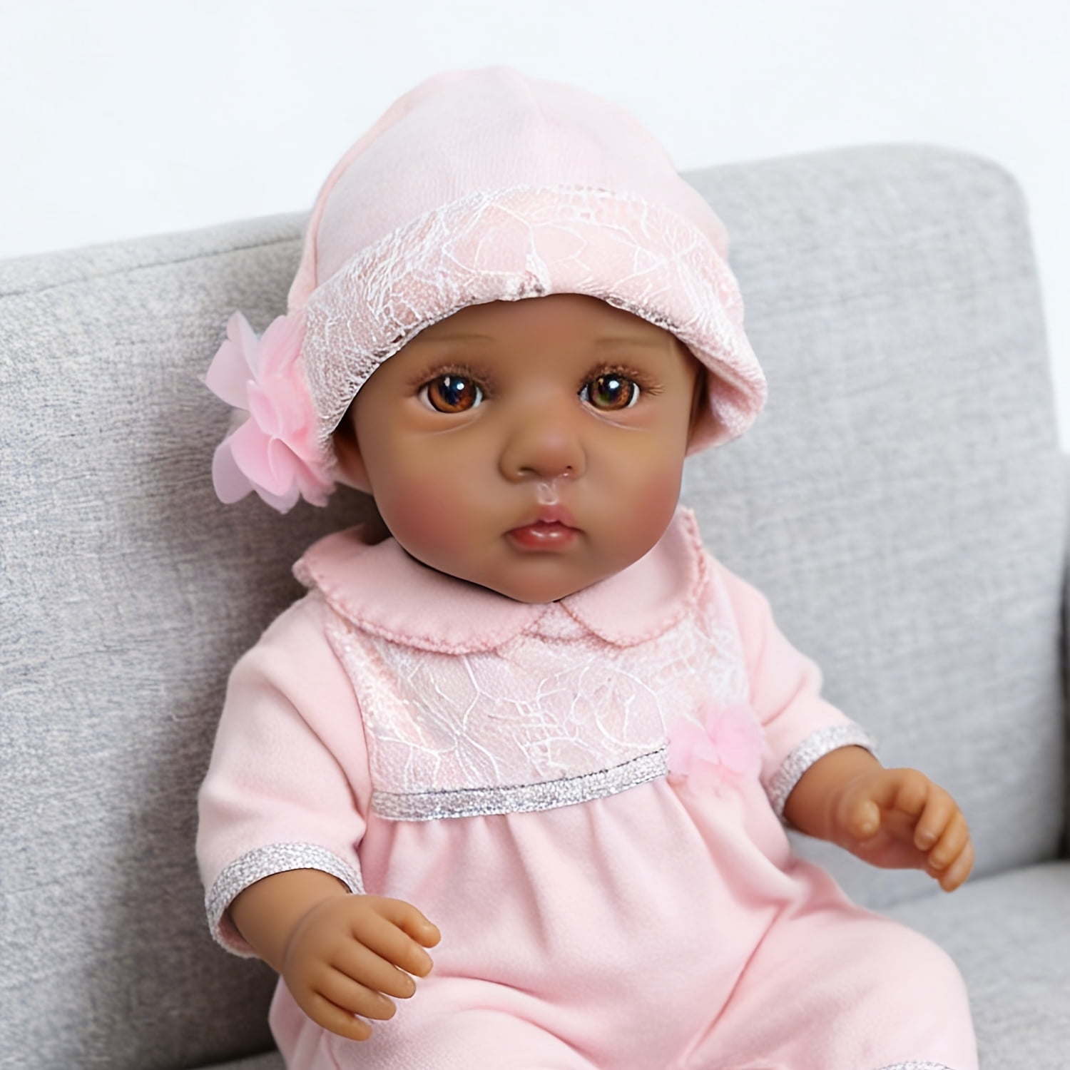 16 Inch Reborn Baby Doll Girl, Black Realistic Newborn Doll With Brown Eyes Pink Outfit, Lifelike Soft Body Baby Doll Collectible Toy For Role Play, Birthday Christmas Gift For Girls Age 3+