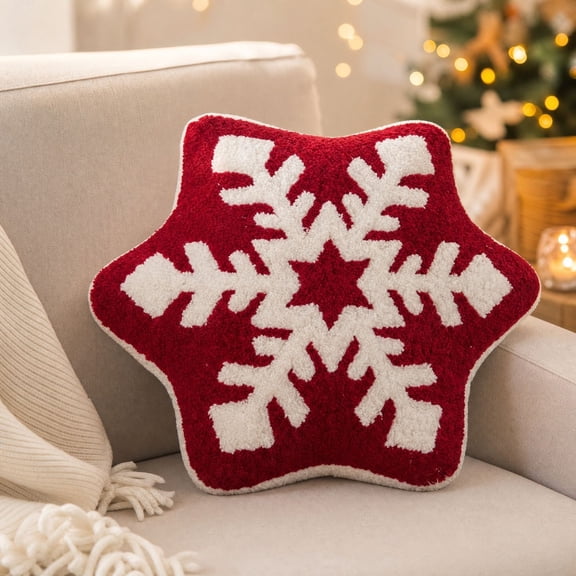 16 Inch Red Snowflake Shaped Throw Pillow, Christmas Winter Decorative Cushion for Sofa Bed Living Room