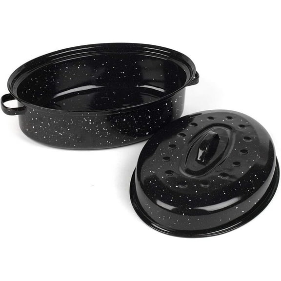 16 Inch Roasting Pan with Lid - Covered Oval Roaster - Enamel Carbon Steel Roaster Pot - Excellent Heat Distribution and Non-sticky - for Turkey Chicken Meat & Vegetables -Birthday and Holiday gifts