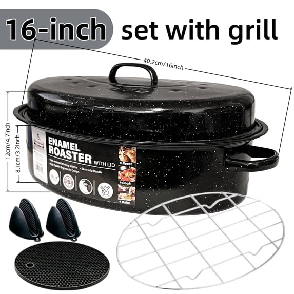 16 inch Enamel Oval Roasting Pan with Lid, Roasting Rack & Silicone Accessories Set, Even Heat Distribution for Turkey Chicken Vegetables, Black
