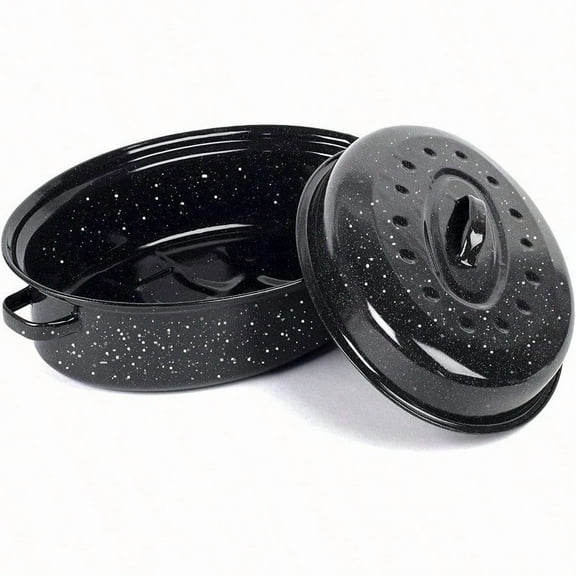 16 Inch Roasting Pan with Lid - Covered Oval Roaster - Enamel Carbon Steel Roaster Pot - Excellent Heat Distribution and Non-sticky - for Turkey Chicken Meat and Vegetables