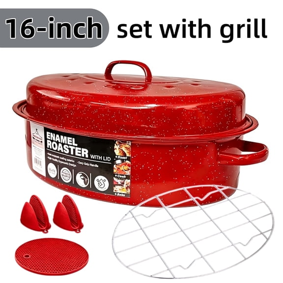 16 inch Enamel Oval Roasting Pan with Lid, Roasting Rack & Silicone Accessories Set, Even Heat Distribution for Turkey Chicken Vegetables, Red