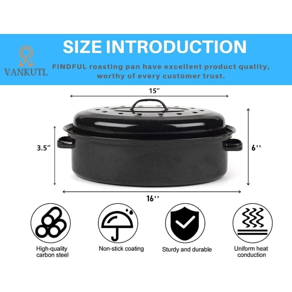 16 Inch Roasting Pan with Lid - Covered Oval Roaster - Enamel Carbon Steel Roaster Pot