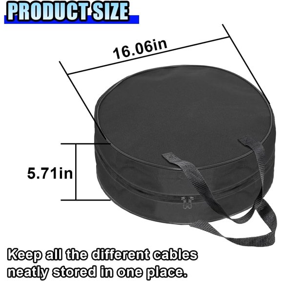 16 Inch Round Jumper Cable Bag - Waterproof EV Charging Cable Storage Bag, Cables Management Storage Organizer for Electrical Cords, RV Sewer Pipe, Extension Cables, Camper and Garden Hoses