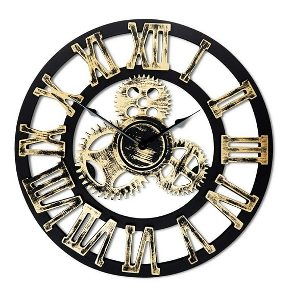 16 Inch Round Wall Clock, Antique Handmade Wooden Vintage 3d Gear Design,