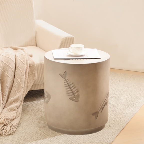 16 Inch Rustic Outdoor Side Table with Fish Pattern, Weatherproof MGO Construction, No Assembly Required, Patio Garden Accent Table for Drinks and Snacks