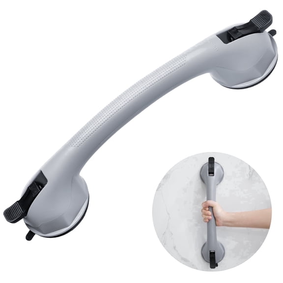 16” Strong Suction Cup Grab Bars for Shower – No Drilling, Removable Shower Handles for Elderly Suction, Heavy Duty Bathroom Safety Grab Bar for Seniors, Waterproof Grey (Fits Shower Chair Stool)