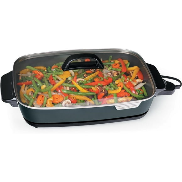 16-Inch Slimline Electric Skillet with Glass Cover - Nonstick, Adjustable Temperature, Black