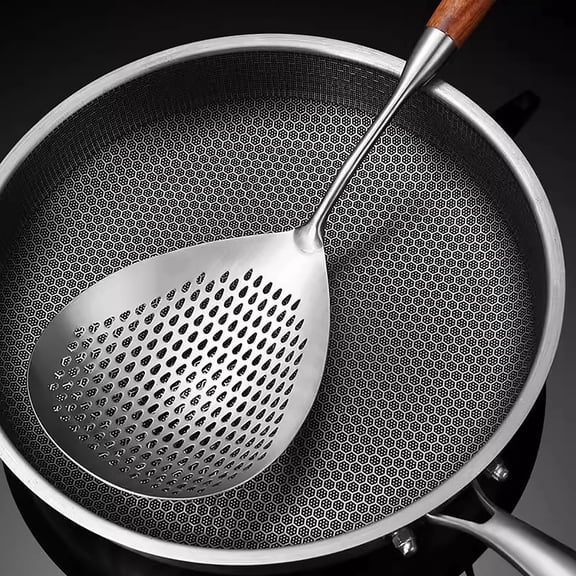 16 Inch Slotted Spoon Stainless for Frying Cooking & Draining, Ergonomic Wooden Handle Large Strainer, Heat Resistant Skimmer for Frying