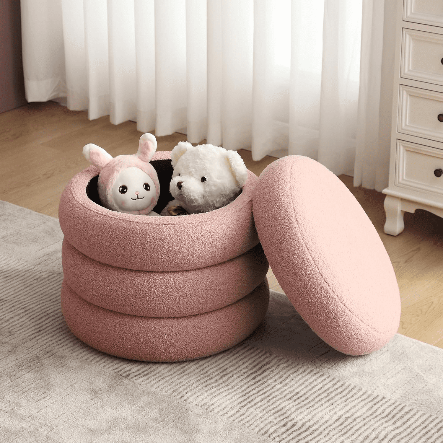 16 Inch Small Ottoman Foot Rest Sherpa Storage Ottoman for Toys Pink