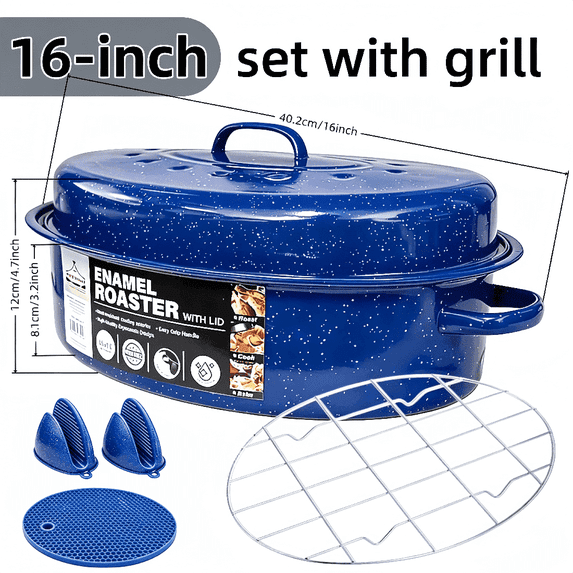 16 inch Enamel Oval Roasting Pan with Lid, Roasting Rack & Silicone Accessories Set, Even Heat Distribution for Turkey Chicken Vegetables, Blue