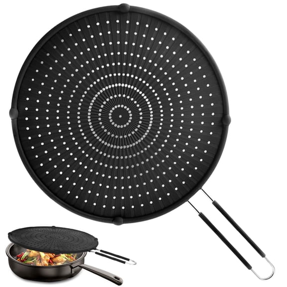 16 Inch Splatter Screen for Frying Pan, Silicone Grease Splatter Guard, Porous Design for Steam Release, Easy Clean Splatter Shield, Black