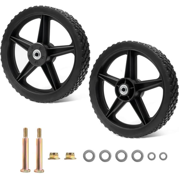 16 Inch Spoked Plastic Lawn Mower Wheels with 1.75 Inch Solid Tires (Set of 2), 1/2 Inch Axle Bore, 132 lb Load Capacity per Wheel