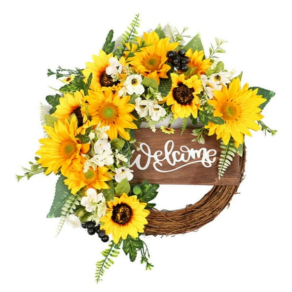 16 Inch Spring Artificial Sunflower Wreath for Front Door,Yellow Decorative Summer Floral Door Wreath with Daisy,Green Leaves and Linen Ribbon for Wall or Home Decoration