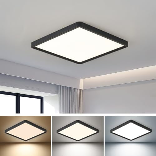 16 Inch Square LED Flush Mount Ceiling Light, 36W 3600LM, 3000K/4000K/6000K CCT Selectable,Black Super Slim Low Profile Ceiling Light Firxtue for Bedroom/Kitchen/Living room/Dinning room/Hallway