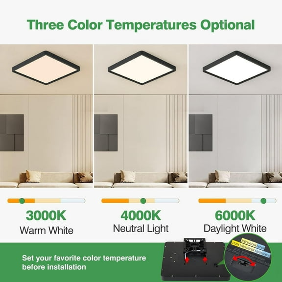 16 Inch Square LED Flush Mount Ceiling Light, 36W 3600LM, 3000K/4000K/6000K CCT Selectable,Black Super Slim Low Profile Ceiling Light Firxtue for Bedroom/Kitchen/Living room/Dinning room/Hallway