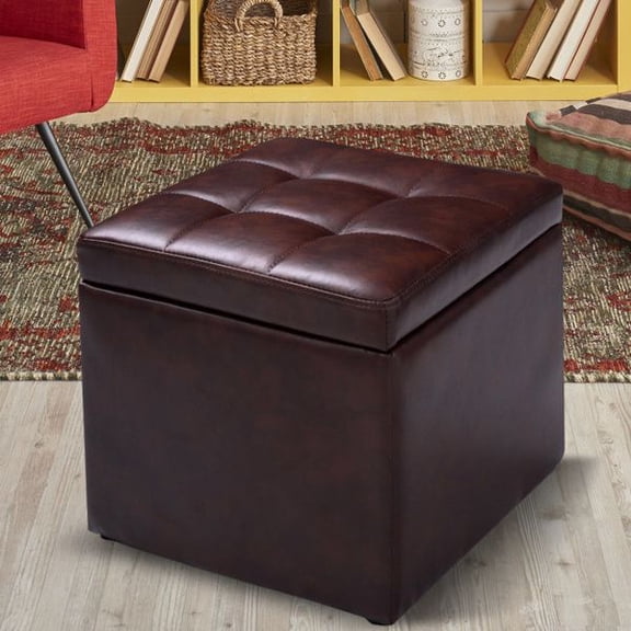 16 Inch Storage Ottoman Cube with Hinged Lid, Faux Leather Upholstered Foot Rest Stool, Hidden Storage Bench for Living Room, Bedroom, Entryway, Shoe Changing Seat, Toy Blanket Book Organizer, Brown