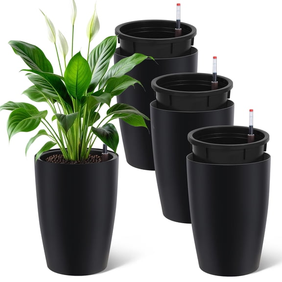16 Inch Tall Black Planters Set of 4, Self Watering Flower Pots with Drainage System & Water Level Monitor for Indoor Outdoor Patio Home Office Plants