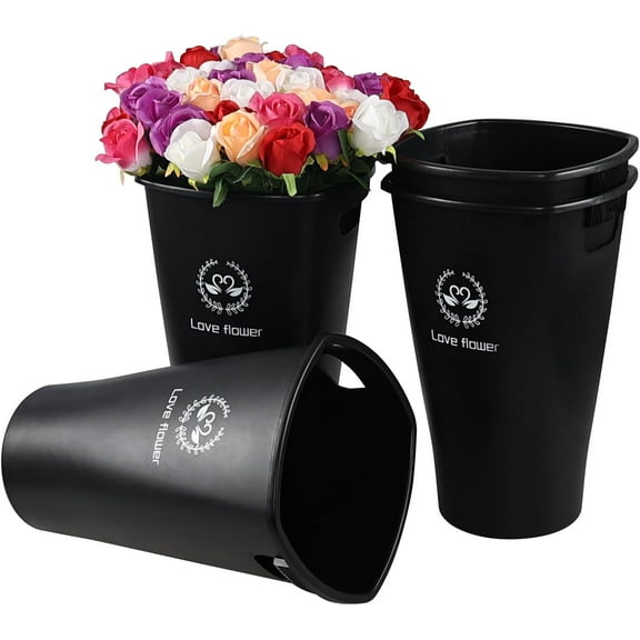 16 Inch Tall Flower Buckets Set with Cutout Handle, Set of 4 Plastic Floral Vase Bucket for Cut Flowers Home Wedding Decoration, Black