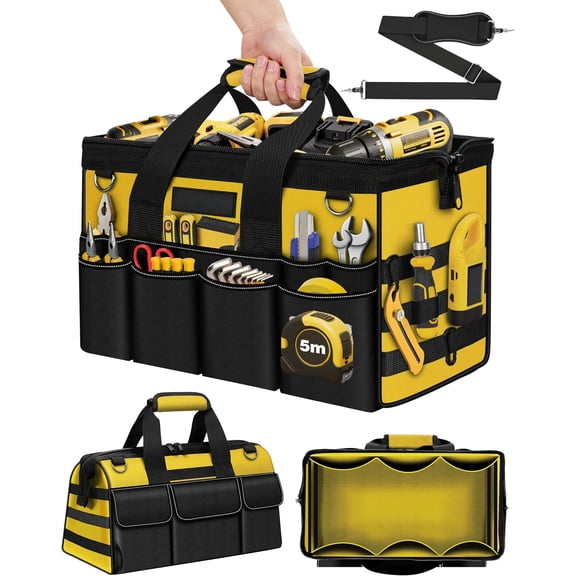 16-Inch Tool Bag, 19-Pockets Tool Box Organizer, Portable Toolbag W/Soft Handle, Organized Storage, Mechanic Gifts for Him Men Husband Valentines Day, Wide Mouth Electrician Toolbox, Yellow