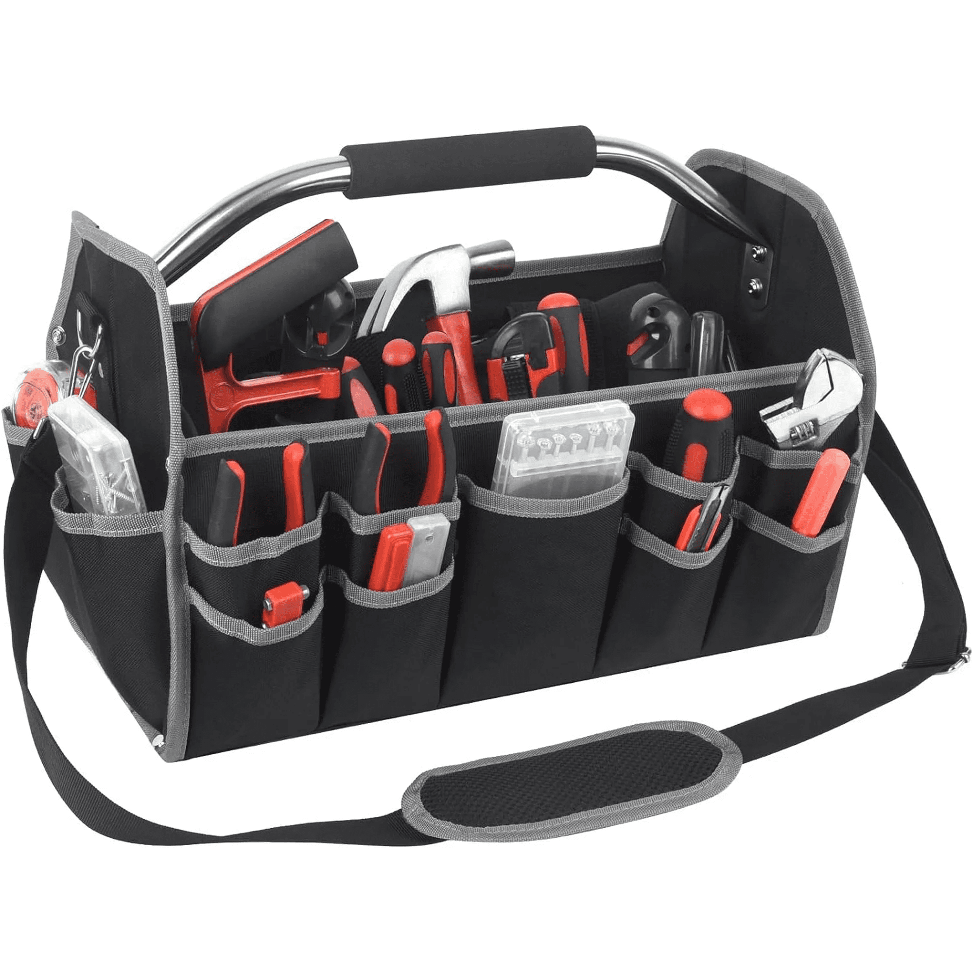 16 Inch Tool Bag Electrician Tool Bag Open Top Tool Bags 26 Pockets Can Hold Many Tools Steel Handle and Removable Shoulder Strap Walmart