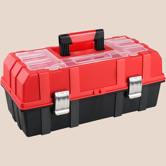 16-Inch Tool Box, Three-Layer Folding Plastic Storage Toolbox, Multi-Function Organizer with Tray and Dividers, Tools Box with Stainless Steel Lock