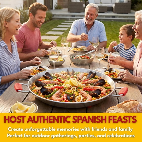 16 Inch Tri-Ply Stainless Steel Paella Pan - 9 Servings, Rust- No Seasoning Induction Oven Safe with Heat-Resistant Handles