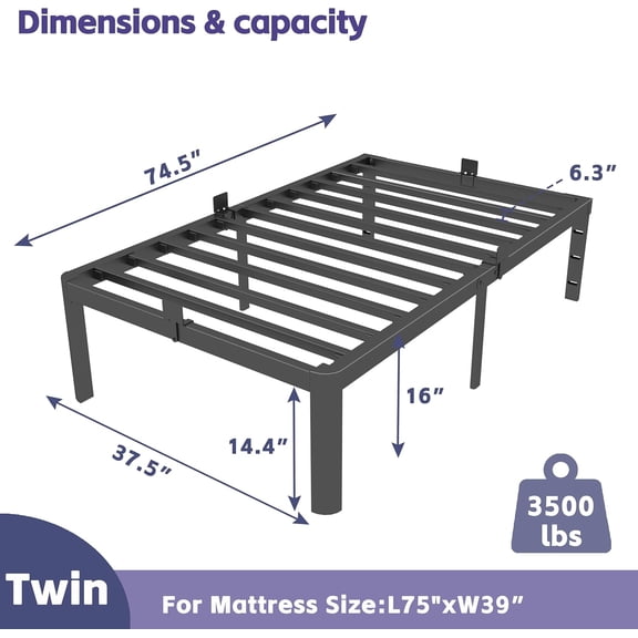 16 Inch Twin Bed Frame Metal No Box Spring Needed Heavy Duty Steel Support 3500 LBS Headboard Holes Anti-Slip Mattress Stoppers Rounded Legs Storage Space Easy Assembly