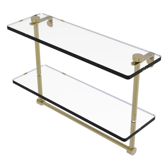 16 Inch Two Tiered Glass Shelf with Integrated Towel Bar