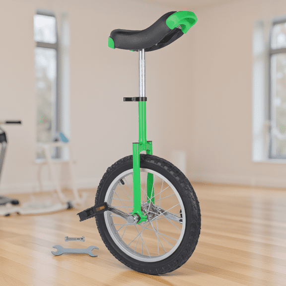16 Inch Unicycle Height Adjustable Single Wheel Cycle with Steel Frame for Balance Exercise, Green