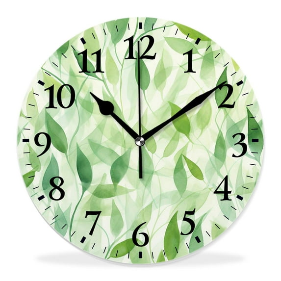 16 Inch Wall Clock Battery Operated Silent Clock Decorative for Office, Kitchen, Outdoor, Living Room，Green Watercolor Effect Branches and Leaves Modern Natural Exquisite