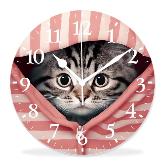 16 Inch Wall Clock Battery Operated Silent Clock Decorative for Office, Kitchen, Outdoor, Living Room,Animal Cute Cat in Stripe Pocket Pattern