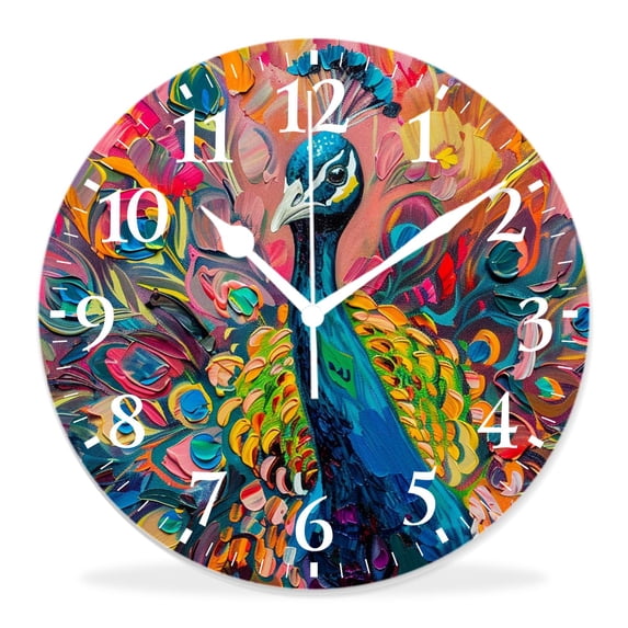 16 Inch Wall Clock Battery Operated Silent Clock Decorative for Office, Kitchen, Outdoor, Living Room,Beautiful Multicolored Peacock Lovely Elaborate