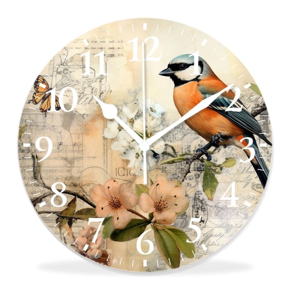 16 Inch Wall Clock Battery Operated Silent Clock Decorative for Office, Kitchen, Outdoor, Living Room,Bird and Vintage Letter Art