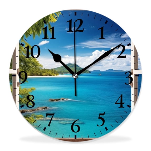 16 Inch Wall Clock Battery Operated Silent Clock Decorative for Office, Kitchen, Outdoor, Living Room,Blue Ocean Sea Beach Elegant