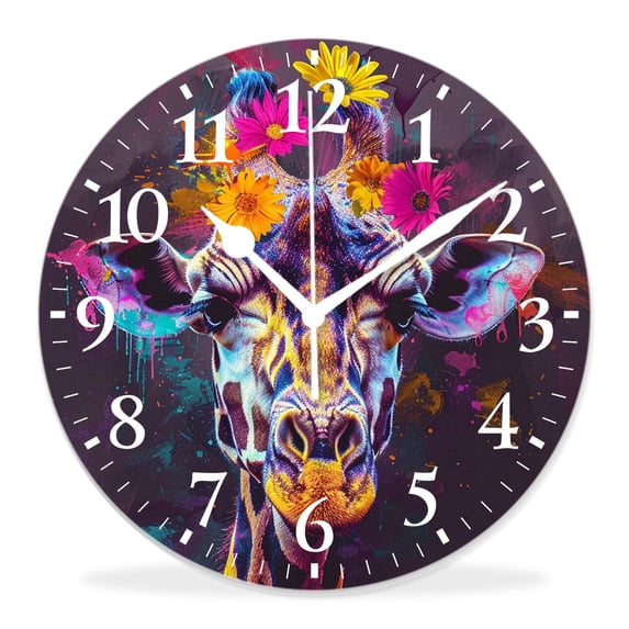 16 Inch Wall Clock Battery Operated Silent Clock Decorative for Office, Kitchen, Outdoor, Living Room,Cartoon Giraffe Running Flower Floral Beautiful