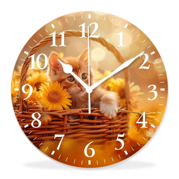 16 Inch Wall Clock Battery Operated Silent Clock Decorative for Office, Kitchen, Outdoor, Living Room,Cat and Sunflowers in a Basket Creative