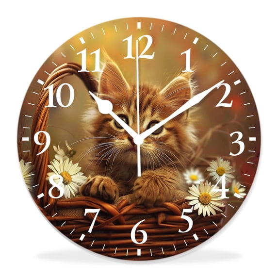 16 Inch Wall Clock Battery Operated Silent Clock Decorative for Office, Kitchen, Outdoor, Living Room,Cute Cat and Sunflowers in A Basket Exquisite