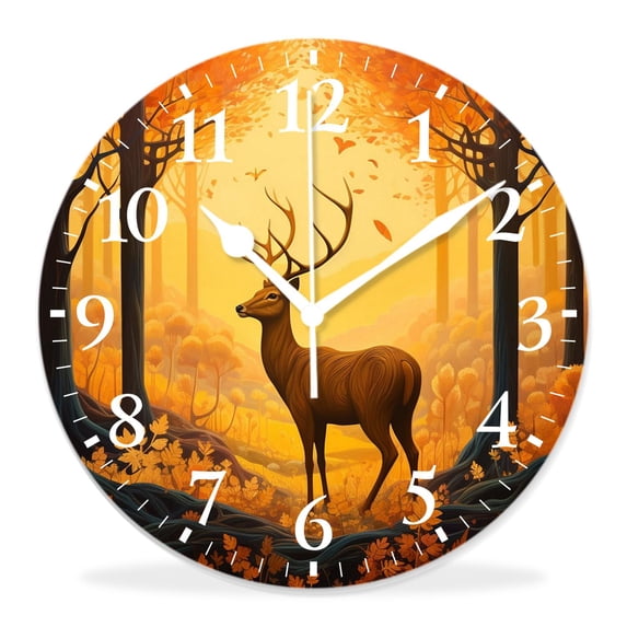 16 Inch Wall Clock Battery Operated Silent Clock Decorative for Office, Kitchen, Outdoor, Living Room,Deer Silhouette Autumn Woods Design