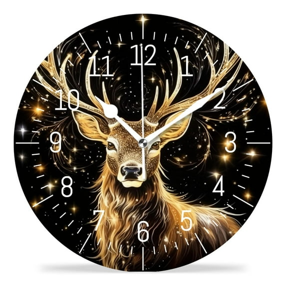16 Inch Wall Clock Battery Operated Silent Clock Decorative for Office, Kitchen, Outdoor, Living Room，Gold Deer Snow Multicolor
