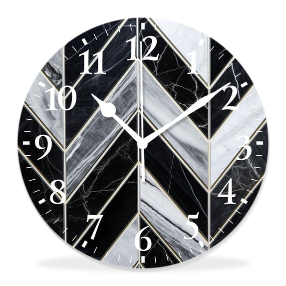 16 Inch Wall Clock Battery Operated Silent Clock Decorative for Office, Kitchen, Outdoor, Living Room,Marble Geometric Black Plaid Style