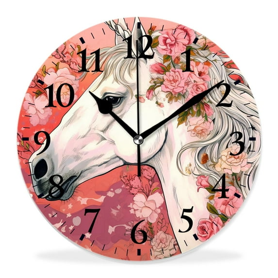 16 Inch Wall Clock Battery Operated Silent Clock Decorative for Office, Kitchen, Outdoor, Living Room,White Unicorn on Beautiful and Flower Art