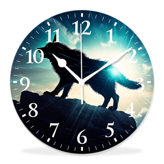16 Inch Wall Clock Battery Operated Silent Clock Decorative for Office, Kitchen, Outdoor, Living Room,Wolf Howling in The Moon Cute